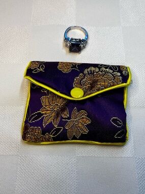 Square Silver Plated Faceted Purple Statement Ring with Floral Brocade Pouch, 7